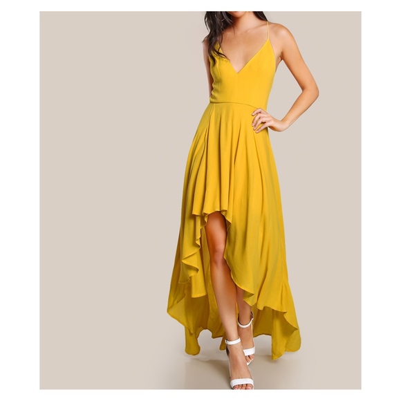 Yellow Sleeveless Lace Up Back High Low Maxi Dress - Picture 2 of 6